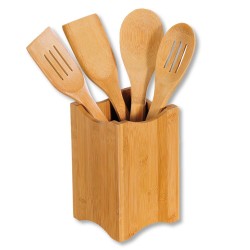 4goodz 5-delige Bamboe Spatel- en Pollepelset Vierkante houder